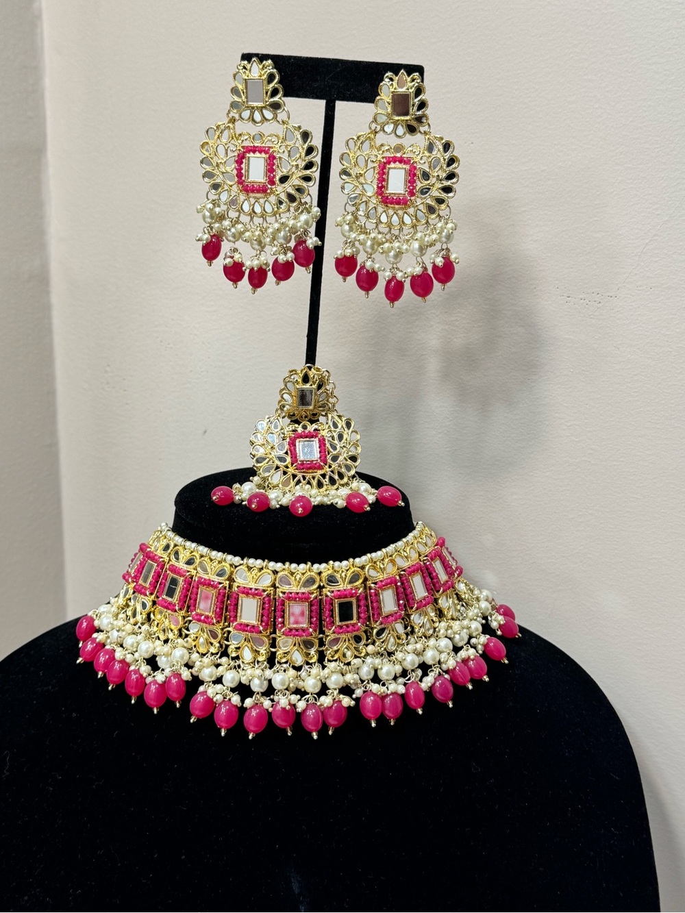 New Gold and Pink mirror Choker Necklace with Matching Earrings - Women Jewelry